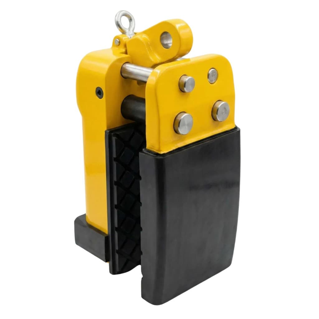 Yellow industrial vertical lifting clamp with black rubber gripping pads on white background