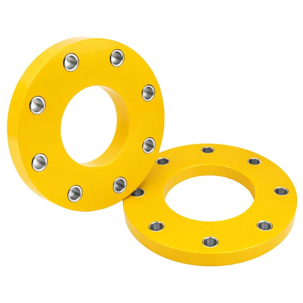 Two yellow polyurethane industrial flanges with metal bolt hole inserts on white background